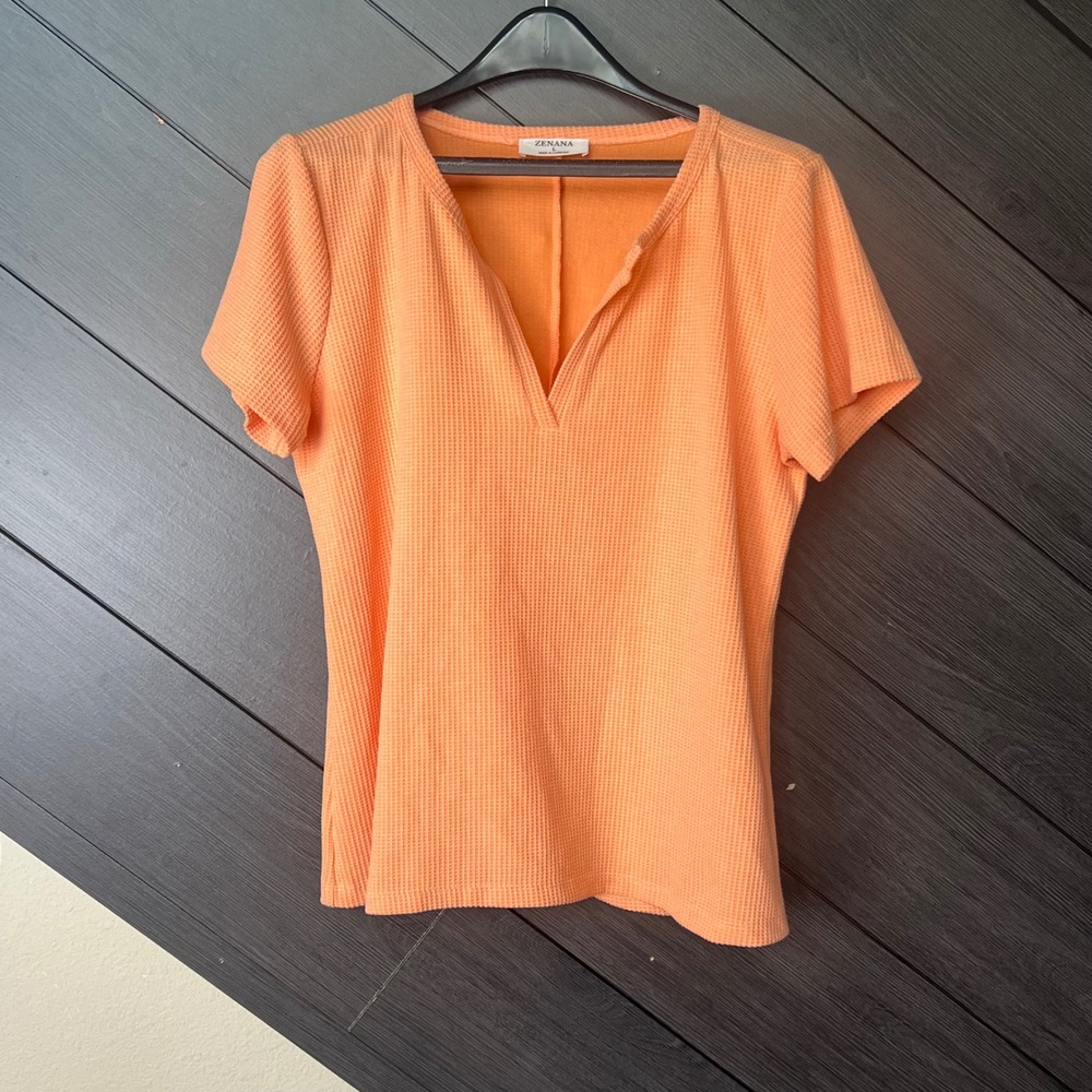 Zenana Women's Waffle Knit V Neck Short Sleeve Top Large Orange Casual Summer